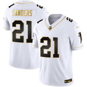 Deion Sanders Atlanta Falcons White Gold Jersey - All Stitched