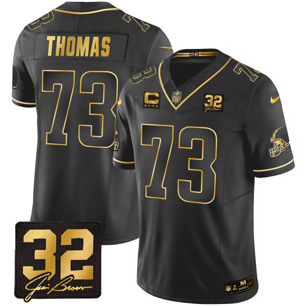 Men's Browns #32 Jim Brown Memorial Patch Gold Jersey - All Stitched - Image 9