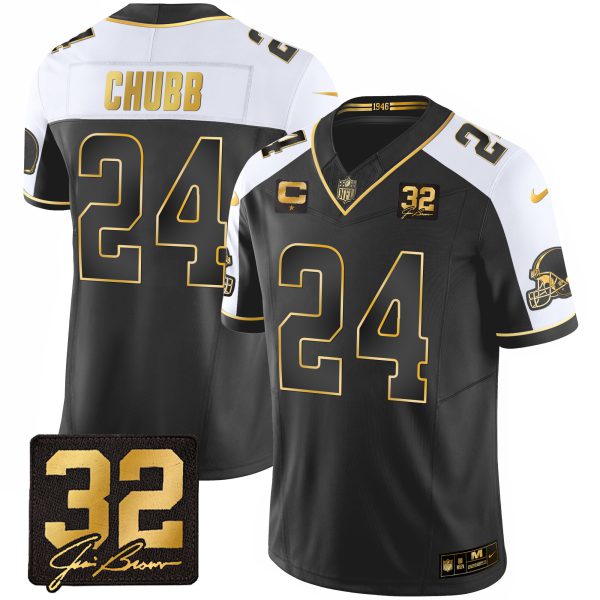 Men's Browns #32 Jim Brown Memorial Patch Gold Jersey - All Stitched - Image 20