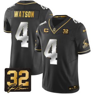 Men's Browns #32 Jim Brown Memorial Patch Gold Jersey - All Stitched