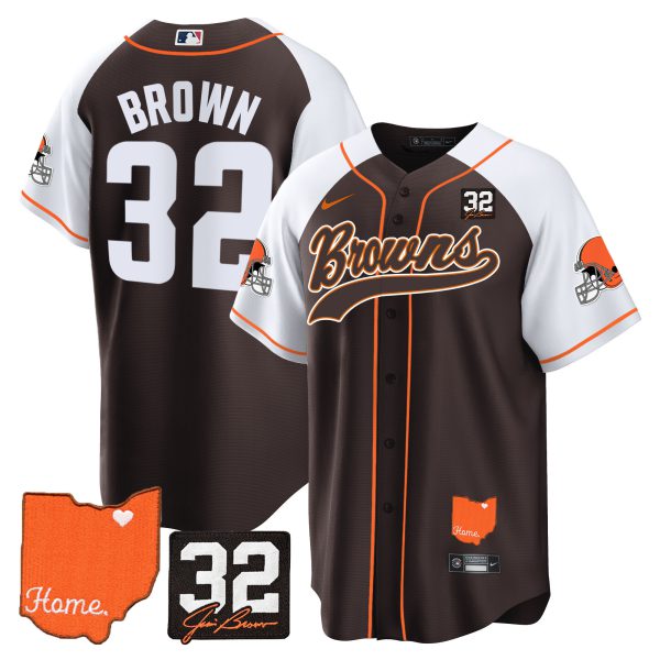 Men's Browns #32 Jim Brown Memorial & Home Patch Baseball Jersey - All Stitched - Image 4