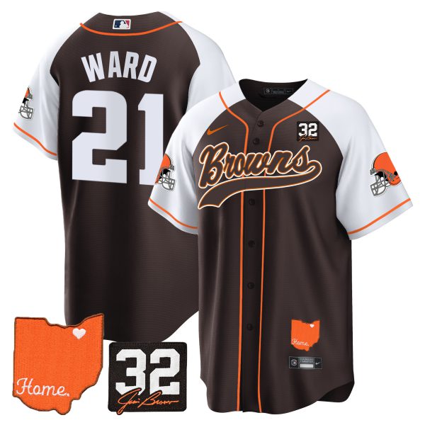 Men's Browns #32 Jim Brown Memorial & Home Patch Baseball Jersey - All Stitched - Image 6