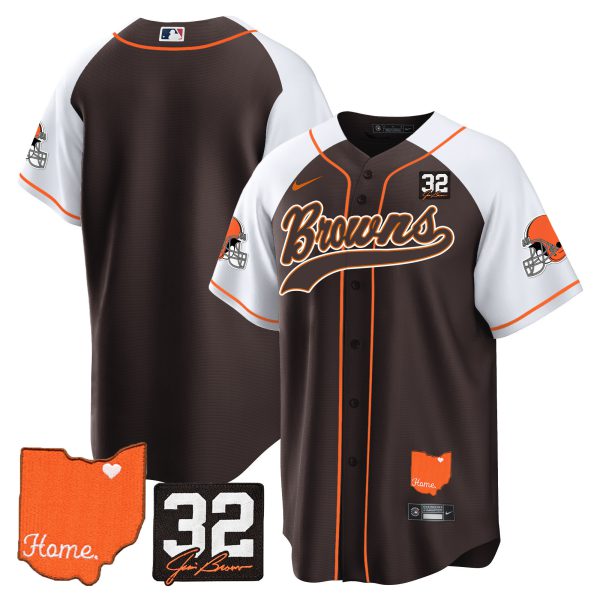 Men's Browns #32 Jim Brown Memorial & Home Patch Baseball Jersey - All Stitched - Image 9
