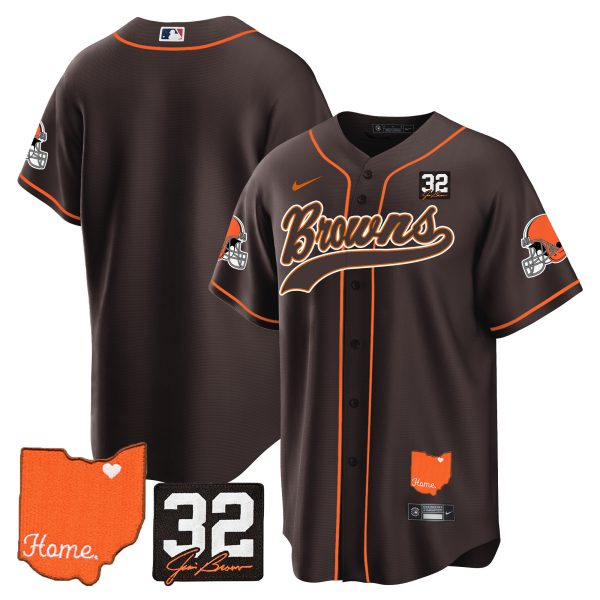 Men's Browns #32 Jim Brown Memorial & Home Patch Baseball Jersey - All Stitched - Image 18
