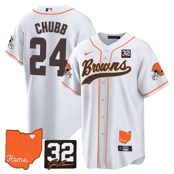 Men's Browns #32 Jim Brown Memorial & Home Patch Baseball Jersey - All Stitched - Image 19