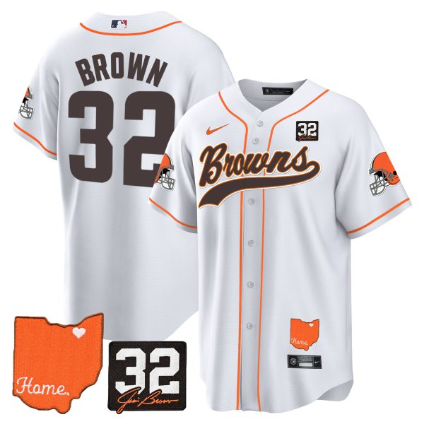 Men's Browns #32 Jim Brown Memorial & Home Patch Baseball Jersey - All Stitched - Image 22