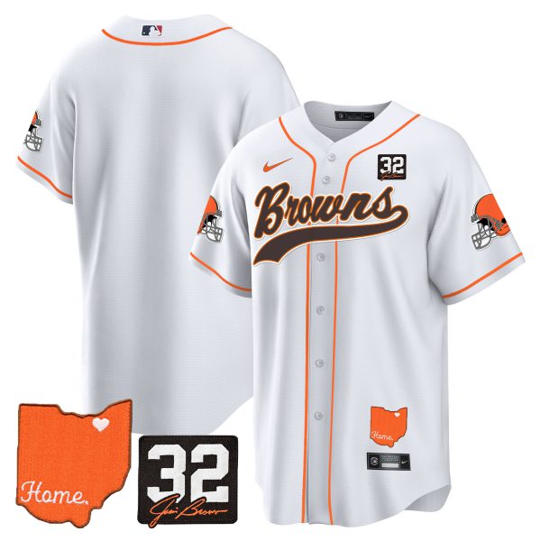 Men's Browns #32 Jim Brown Memorial & Home Patch Baseball Jersey - All Stitched - Image 27