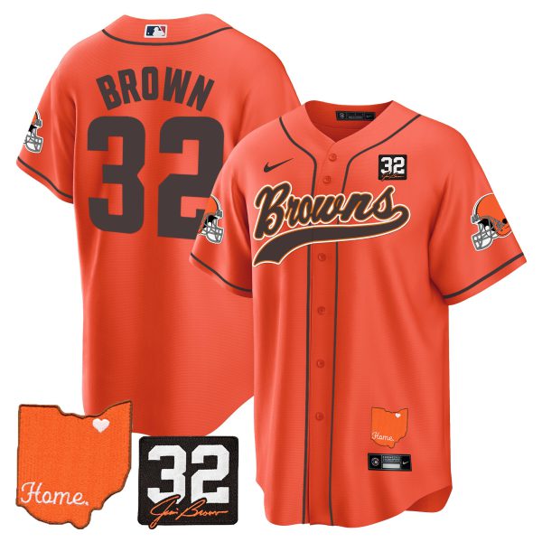 Men's Browns #32 Jim Brown Memorial & Home Patch Baseball Jersey - All Stitched - Image 31