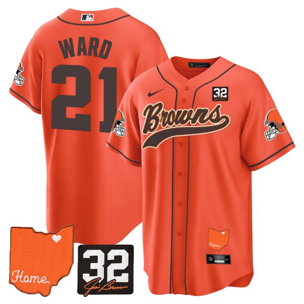 Men's Browns #32 Jim Brown Memorial & Home Patch Baseball Jersey - All Stitched - Image 33