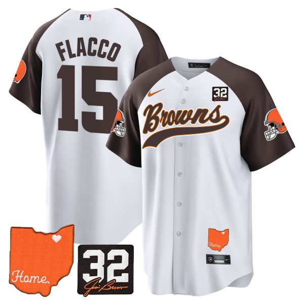 Men's Browns #32 Jim Brown Memorial & Home Patch Baseball Jersey - All Stitched - Image 44