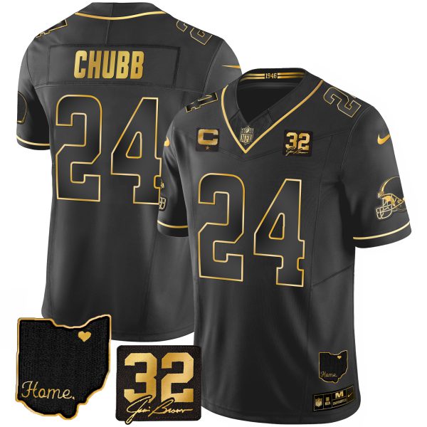 Men's Browns #32 Jim Brown Memorial & Home Patch Gold Jersey - All Stitched - Image 8