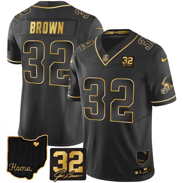 Men's Browns #32 Jim Brown Memorial & Home Patch Gold Jersey - All Stitched - Image 10