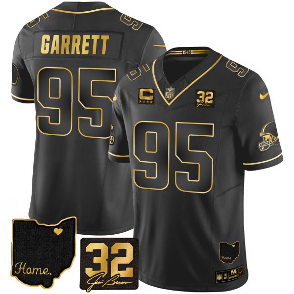 Men's Browns #32 Jim Brown Memorial & Home Patch Gold Jersey - All Stitched - Image 11