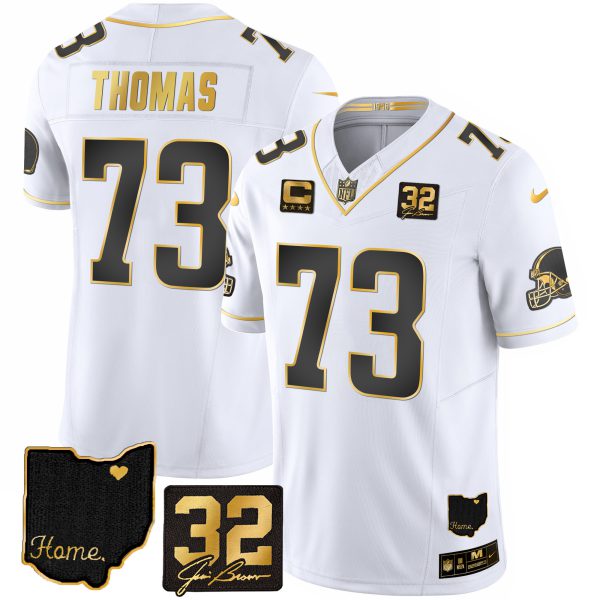 Men's Browns #32 Jim Brown Memorial & Home Patch Gold Jersey - All Stitched - Image 15