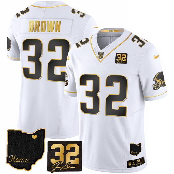 Men's Browns #32 Jim Brown Memorial & Home Patch Gold Jersey - All Stitched - Image 16