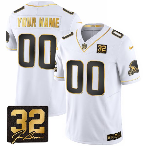 Browns #32 Jim Brown Memorial Patch Gold Custom Jersey - All Stitched - Image 3