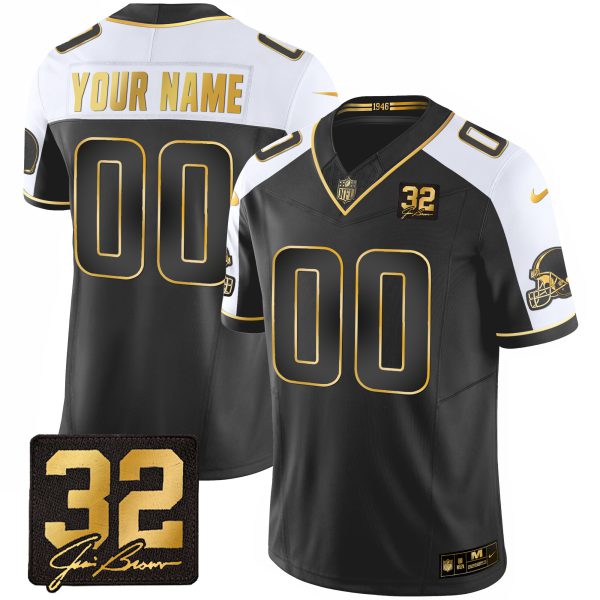 Browns #32 Jim Brown Memorial Patch Gold Custom Jersey - All Stitched - Image 4