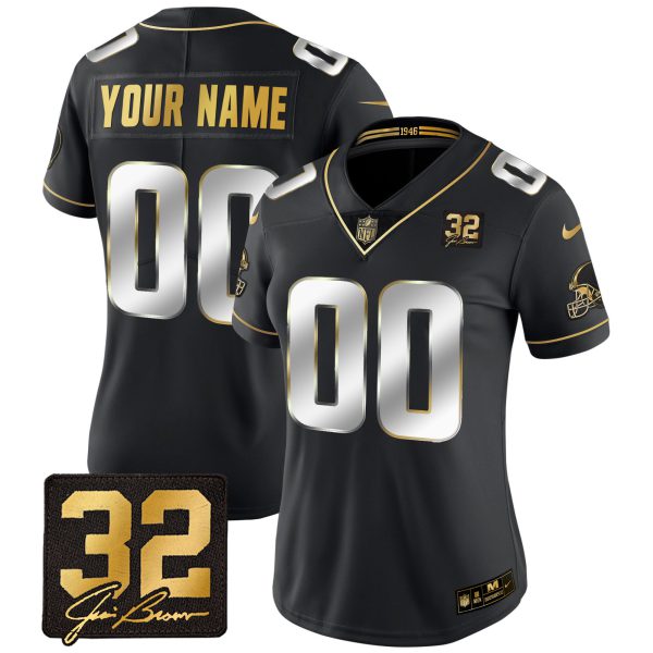 Browns #32 Jim Brown Memorial Patch Gold Custom Jersey - All Stitched - Image 5