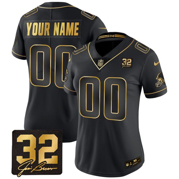 Browns #32 Jim Brown Memorial Patch Gold Custom Jersey - All Stitched - Image 6