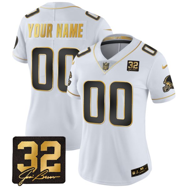 Browns #32 Jim Brown Memorial Patch Gold Custom Jersey - All Stitched - Image 7