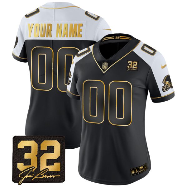 Browns #32 Jim Brown Memorial Patch Gold Custom Jersey - All Stitched - Image 8