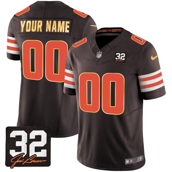 Browns #32 Jim Brown Memorial Patch Gold Trim Custom Jersey - All Stitched - Image 2