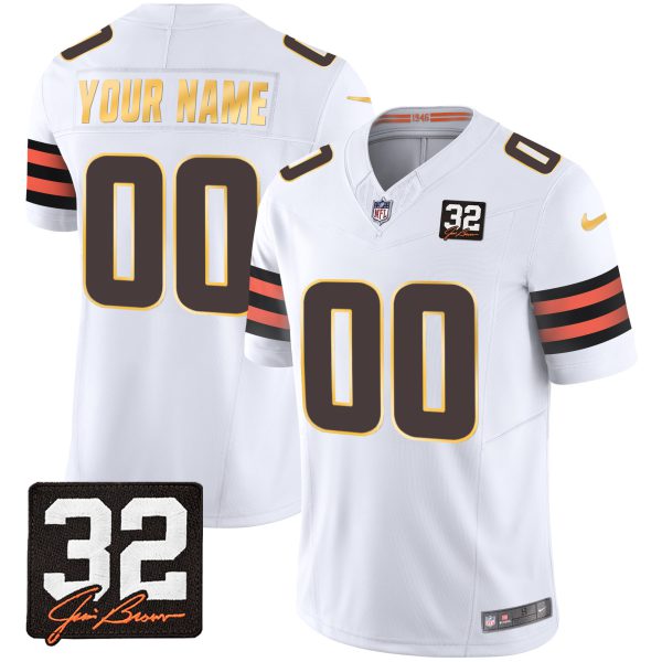 Browns #32 Jim Brown Memorial Patch Gold Trim Custom Jersey - All Stitched - Image 3