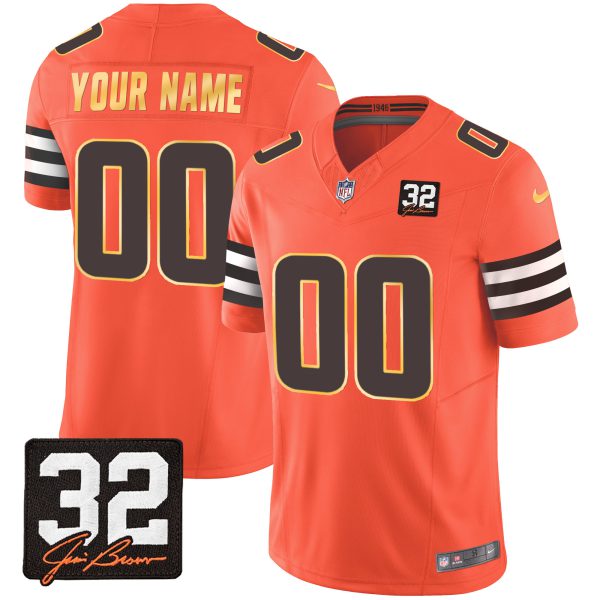 Browns #32 Jim Brown Memorial Patch Gold Trim Custom Jersey - All Stitched - Image 4