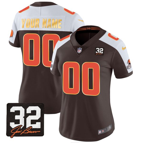 Browns #32 Jim Brown Memorial Patch Gold Trim Custom Jersey - All Stitched - Image 5