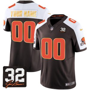 Browns #32 Jim Brown Memorial Patch Gold Trim Custom Jersey - All Stitched