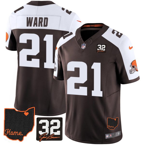 Men's Browns #32 Jim Brown Memorial & Home Patch Jersey V3 - All Stitched - Image 6