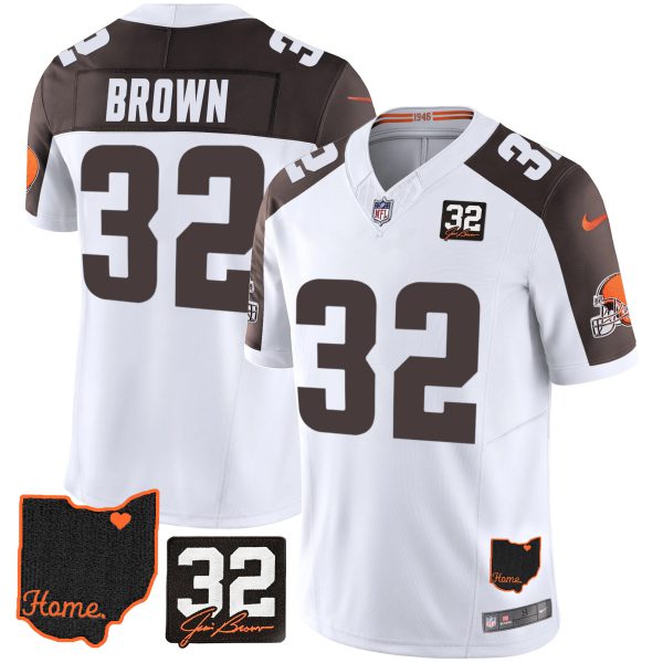 Men's Browns #32 Jim Brown Memorial & Home Patch Jersey V3 - All Stitched - Image 40