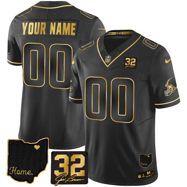 Browns #32 Jim Brown Memorial & Home Patch Gold Custom Jersey - All Stitched - Image 2