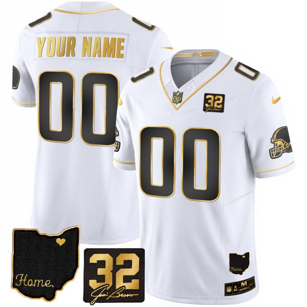 Browns #32 Jim Brown Memorial & Home Patch Gold Custom Jersey - All Stitched - Image 3