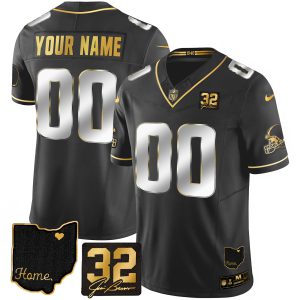 Browns #32 Jim Brown Memorial & Home Patch Gold Custom Jersey - All Stitched