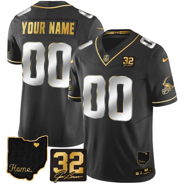 Browns #32 Jim Brown Memorial & Home Patch Gold Custom Jersey - All Stitched