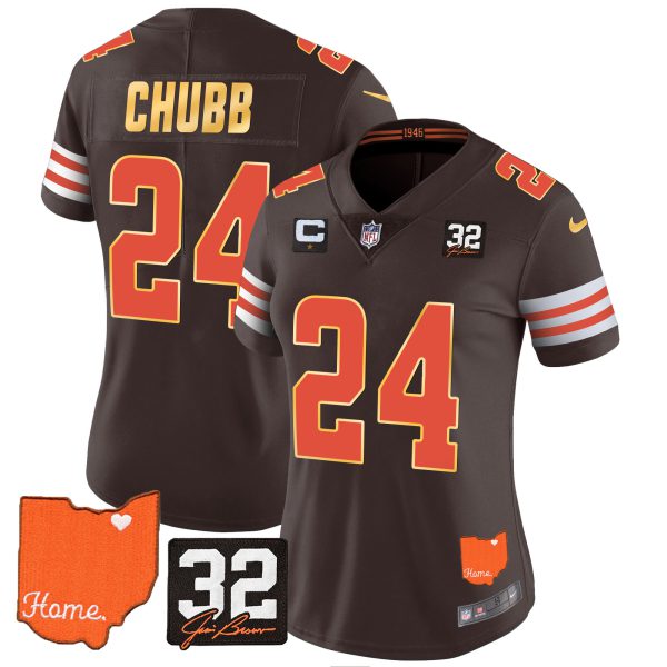 Women's Browns #32 Jim Brown Memorial & Home Patch Gold Trim Jersey - All Stitched - Image 9