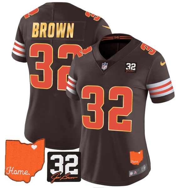 Women's Browns #32 Jim Brown Memorial & Home Patch Gold Trim Jersey - All Stitched - Image 11
