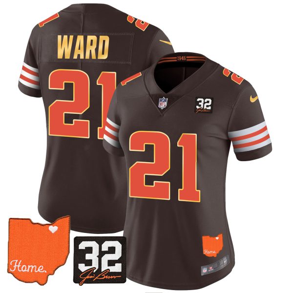 Women's Browns #32 Jim Brown Memorial & Home Patch Gold Trim Jersey - All Stitched - Image 13