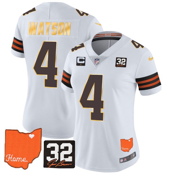 Women's Browns #32 Jim Brown Memorial & Home Patch Gold Trim Jersey - All Stitched - Image 15