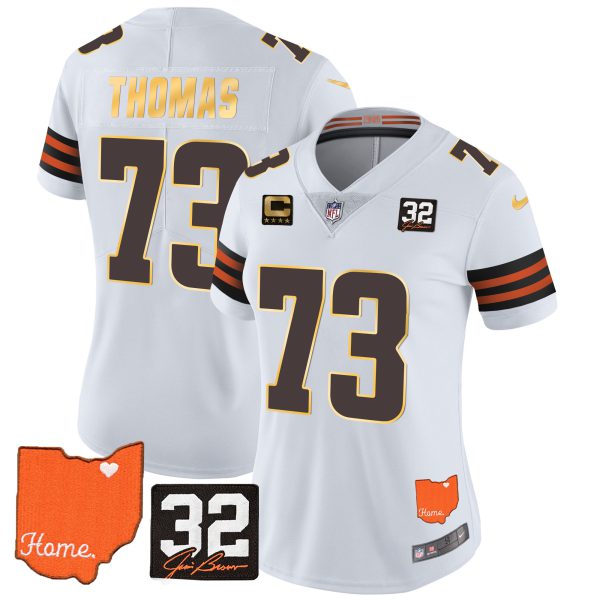 Women's Browns #32 Jim Brown Memorial & Home Patch Gold Trim Jersey - All Stitched - Image 17