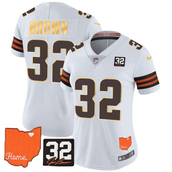 Women's Browns #32 Jim Brown Memorial & Home Patch Gold Trim Jersey - All Stitched - Image 18