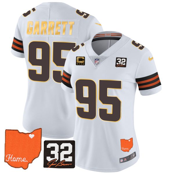 Women's Browns #32 Jim Brown Memorial & Home Patch Gold Trim Jersey - All Stitched - Image 19