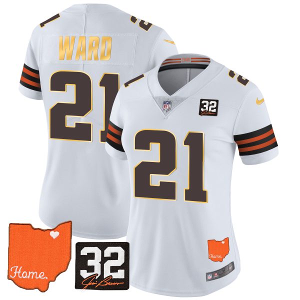 Women's Browns #32 Jim Brown Memorial & Home Patch Gold Trim Jersey - All Stitched - Image 20