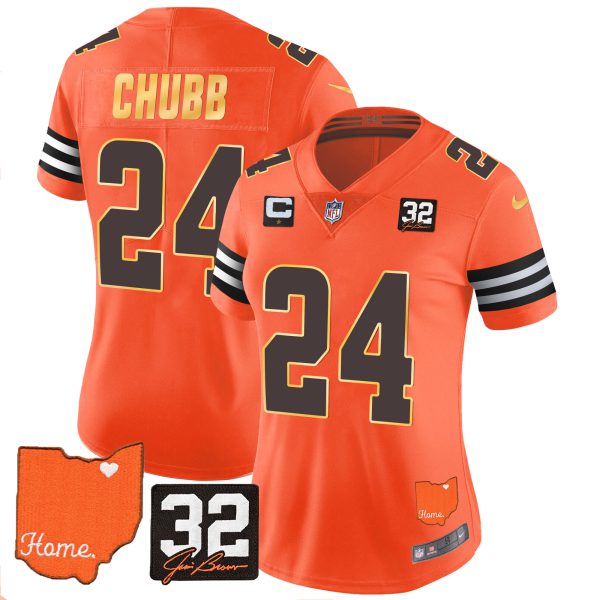 Women's Browns #32 Jim Brown Memorial & Home Patch Gold Trim Jersey - All Stitched - Image 23