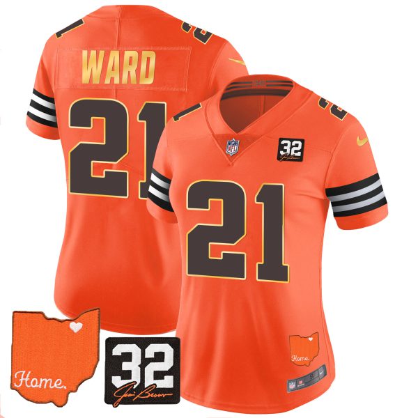 Women's Browns #32 Jim Brown Memorial & Home Patch Gold Trim Jersey - All Stitched - Image 27