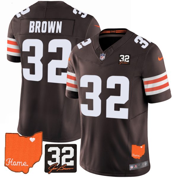 Jim Brown Browns #32 Jim Brown Memorial & Home Patch Jersey - All Stitched - Image 2