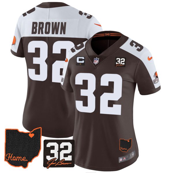Women's Browns #32 Jim Brown Memorial & Home Patch Jersey V3 - All Stitched - Image 4