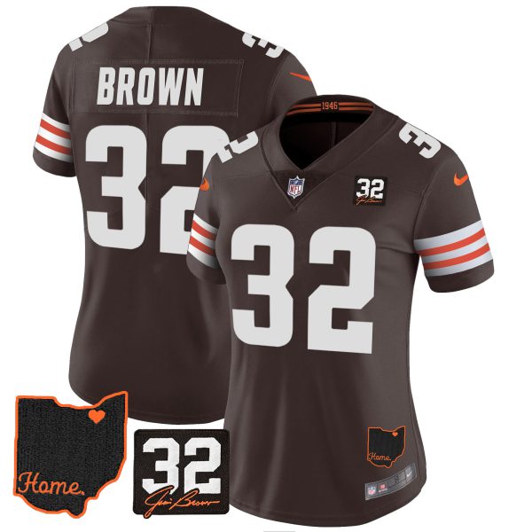 Women's Browns #32 Jim Brown Memorial & Home Patch Jersey V3 - All Stitched - Image 11