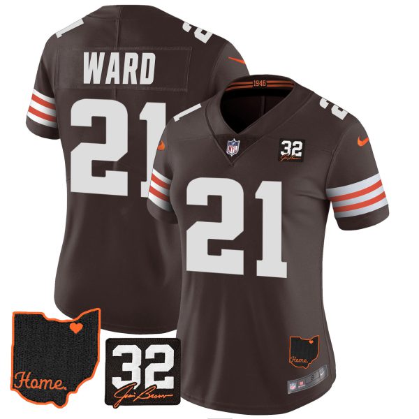 Women's Browns #32 Jim Brown Memorial & Home Patch Jersey V3 - All Stitched - Image 13
